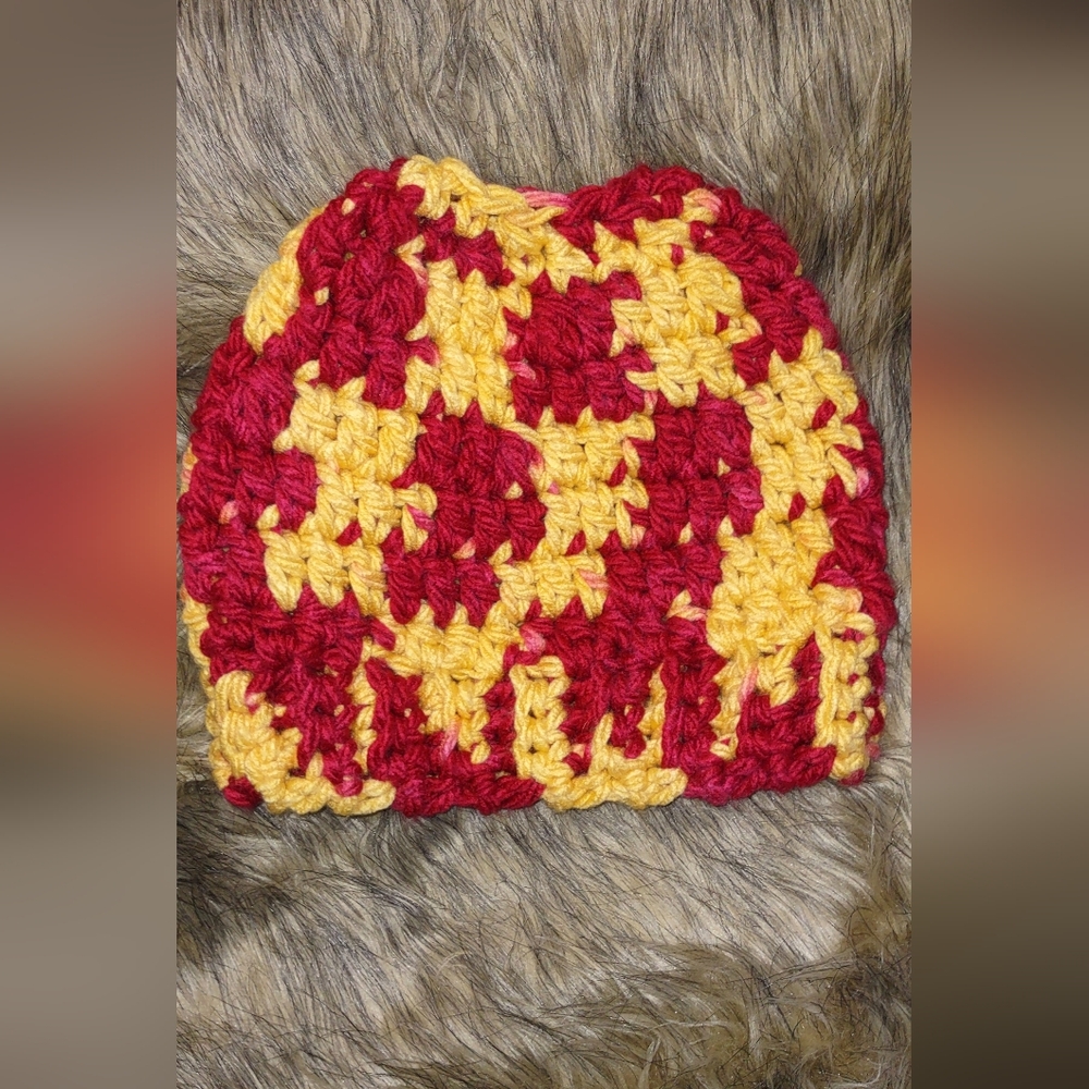Red and Yellow Crochet Ponytail, Messy Bun Chunky Beanie Osfm